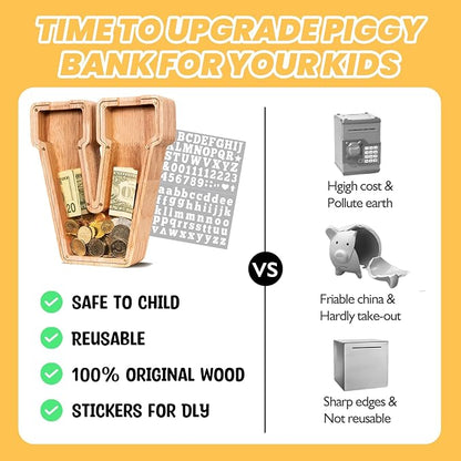 KMC Wooden Letter Piggy Bank, Personalized Initial Piggy Bank for Kids Boys, Clear Alphabet V Wood Money Box, Unbreakable Coin Saving Jar, Birthday, for Children