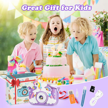 Kids Camera,HD Digital Video Camera with Protective Cover,Childrens Toys for 3 4 5 6 7 8 9 Year Old Boys/Girls,Selfie Camera for Kids,Christmas Birthday Gifts with 32GB SD Card (Unicorn Purple)