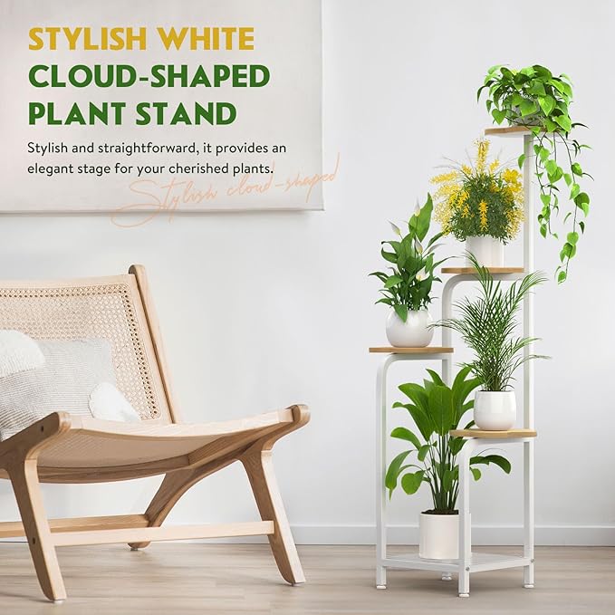 TOSKING 5 Tier Plant Stand Indoor 48''H Tall ,Heavy Duty Plant Shelf , Corner Shelf Flower Pot Stand for Outdoor Plant Stand for Living Room Balcony Garden Patio Bedroom (White and Wood)