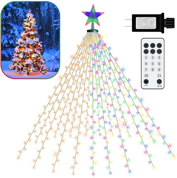 LED Christmas Tree Lights for Garden Decor, 6.6 FT 16 Lines Warm White & Multicolor String Lights with Star Topper, Christmas Ornaments Lights with Timing Function & 11 Modes Remote Control