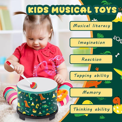 Boao Floor Tom Drum for Kids 8'' W x 6.5'' H Wooden Percussion Instrument Music Drum with 2 Rainbow Mallets Dinosaur Educational Toys for Baby Children Toddler Boy Girl Birthday Gift