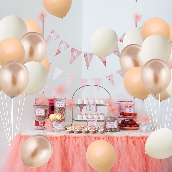 FEYG 50PCS Beige Balloons, 12 Inch, Cream, Nude, Sand, White, Metallic Gold, with Ribbons for Baby Shower, Birthday, Theme Party Decorations