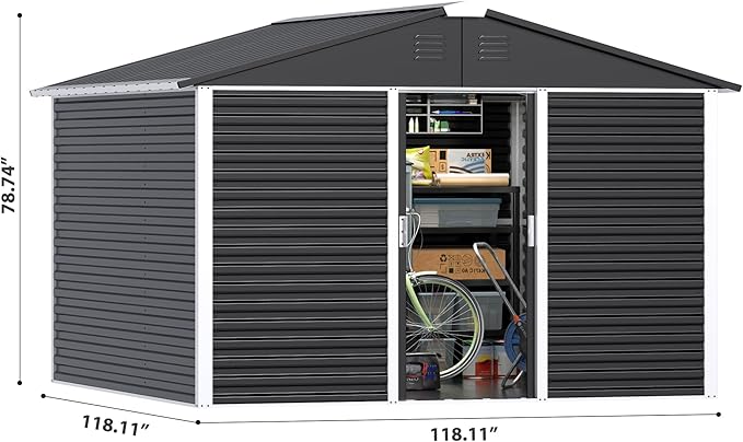 Metal Outdoor Storage Shed 10FT x 10FT, Steel Utility Tool Shed Storage House with Sliding Door, Metal Sheds Outdoor Storage for Backyard Garden Patio Lawn, Black