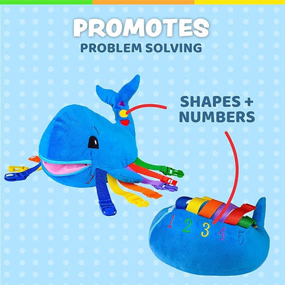 Buckle Toys Blu Whale Stuffed Animal Montessori Toys for Toddlers 1-3, Learning Activity Toy & Sensory Toys to Develop Fine Motor Skills and Problem Solving, Classroom and Toddler Travel Essential