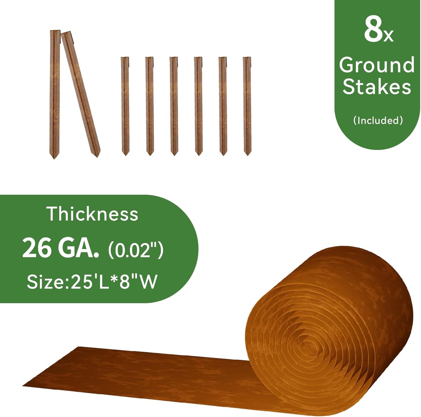 Worth Galvanized Steel Landscape Edging 8" x25' Metal Garden Edging Roll Flexible Bender Border with 8Pcs Stakes for Lawn, Flower Bed Edges, Rust-Like Color