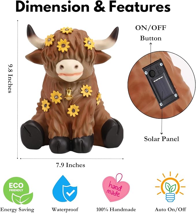 Highland Cow Decor, Highland Cow Gifts, Highland Cow Statue, Solar Garden Statue for Outside, Solar Garden Yard Patio Decor, Outdoor Statue for Garden, Yard, Gardening Gifts for Women, Mom