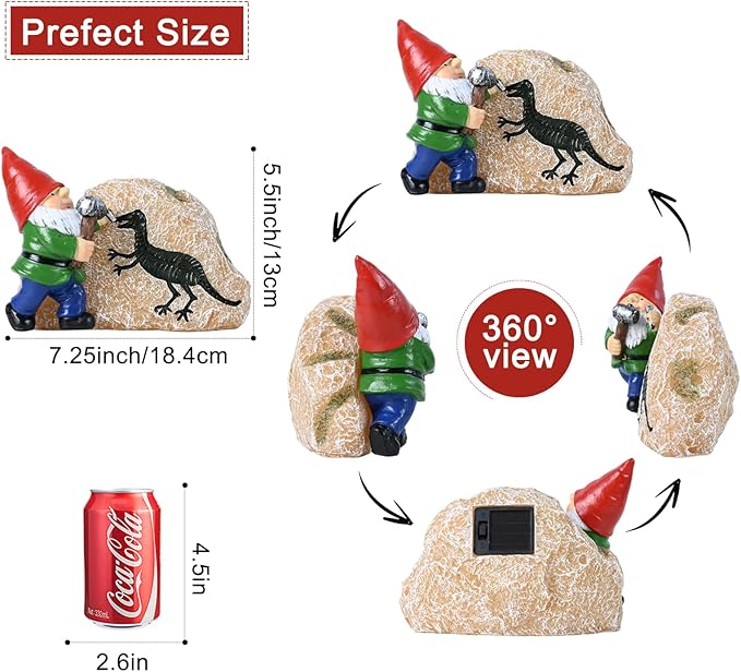 Garden Gnome Statues-Solar Gnomes Statues-Outdoor Gnome Figurine Decor Dinosaur Resin Decoration for Patio Yard Lawn Ornament Gnomes Gift for Woman 5.5 Inches