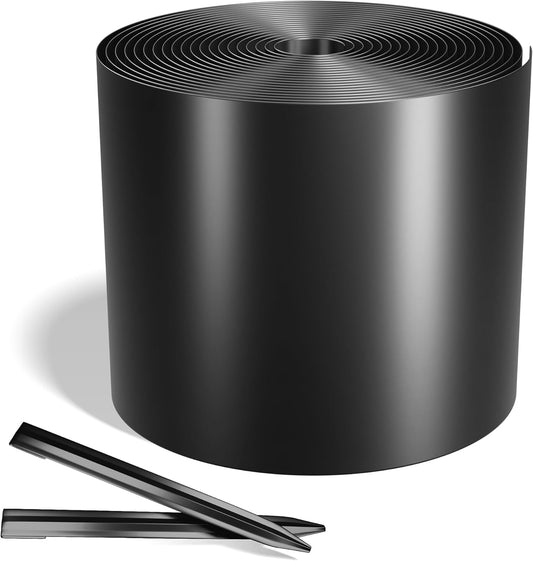 Worth Galvanized Steel Landscape Edging 6" x50' Metal Garden Edging Roll Flexible Bender Border with 16Pcs Stakes for Lawn, Flower Bed Edges, Black