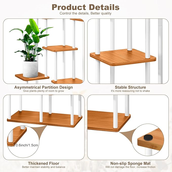 7 Tier Wood Tall Plant Stand Metal Rack Indoor, Multiple Flower Pot Holder Shelves Corner Rack, Planter Shelf Display Rack Storage Organizer for Patio Living Room Balcony Garden(White)