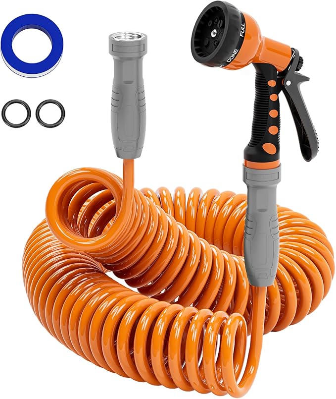 3/8” Lightweight Coil Garden Hose 50 FT, EVA Retractable Curly Water Pipe with 6-Pattern Spray Nozzle for Boat, Greenhouse, Yard, Patio (Orange)