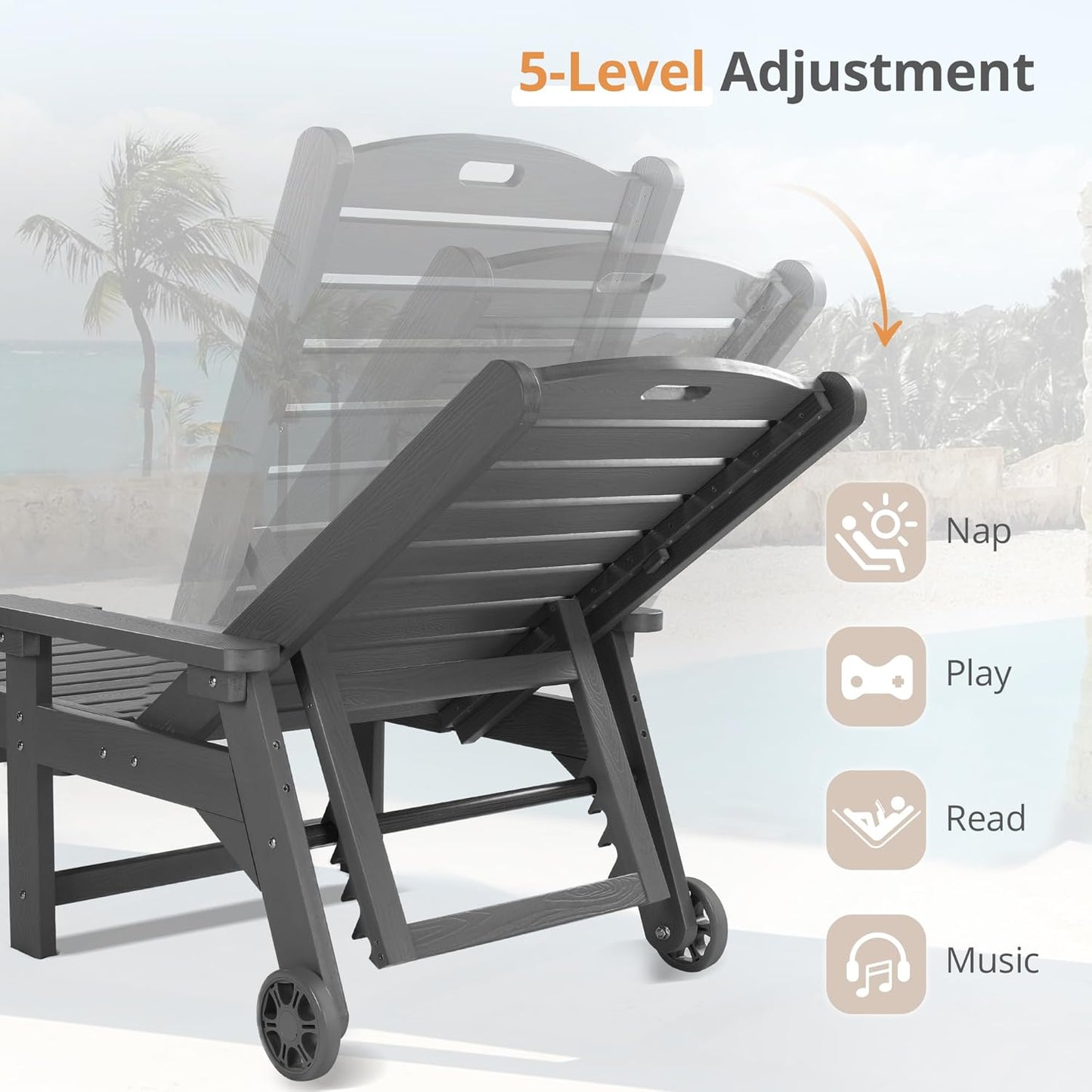 LUE BONA Outdoor Chaise Lounge Chairs Set of 4, 79'' Oversized HDPS Chaise Lounger, 5 Positions Adjustable Lounge Chairs, Pool Lounge Chair with Wheels for Poolside, 3 Year Warranty, Dark Gray