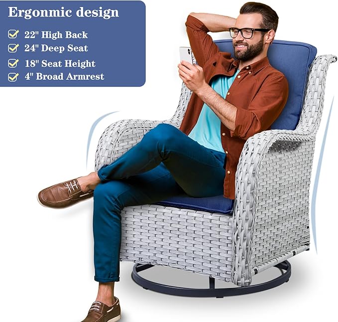 Wicker Patio Furniture Sets - 8 Piece Outdoor Rattan Furniture Conversation Sets with 4 Swivel Rocker Chairs, Rattan Sofa, Wicker Ottomans and Coffee Table, Light Grey/Blue