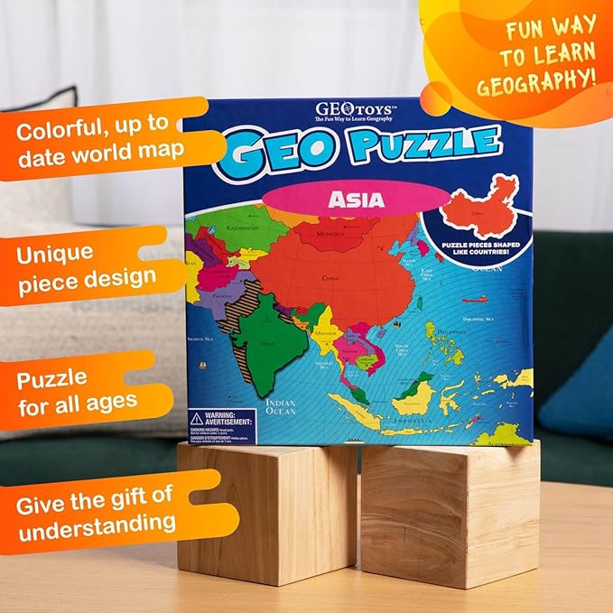 GeoToys GeoPuzzle, Asia Shaped Jigsaw Puzzles, 50 Pc Geography Puzzle, Geography Game & Map Puzzle, Jigsaw Puzzles for Kids Ages 6-9 Years Old