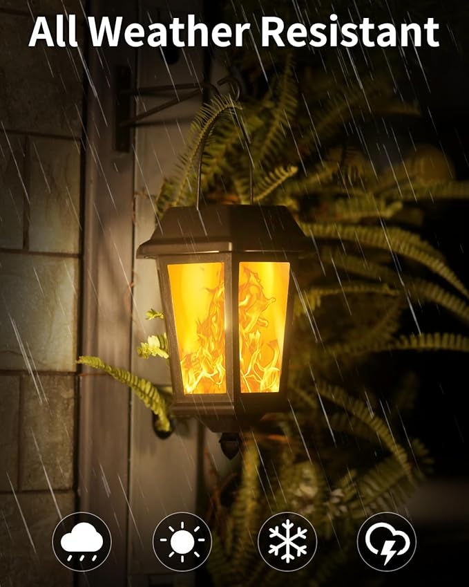 Solar Lanterns Outdoor Waterproof, Hanging Solar Lights with Glass Shade - 2 Pack LED Metal Wall Mount Outdoor Light for Yard/Garden/Patio - Flame