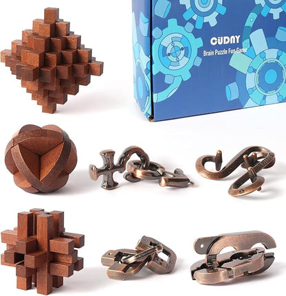 7 Pieces Unlock Interlock Brain Teaser Games Retro Wooden and Metal Puzzles IQ Logic Fun Puzzle Box