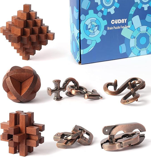 7 Pieces Unlock Interlock Brain Teaser Games Retro Wooden and Metal Puzzles IQ Logic Fun Puzzle Box