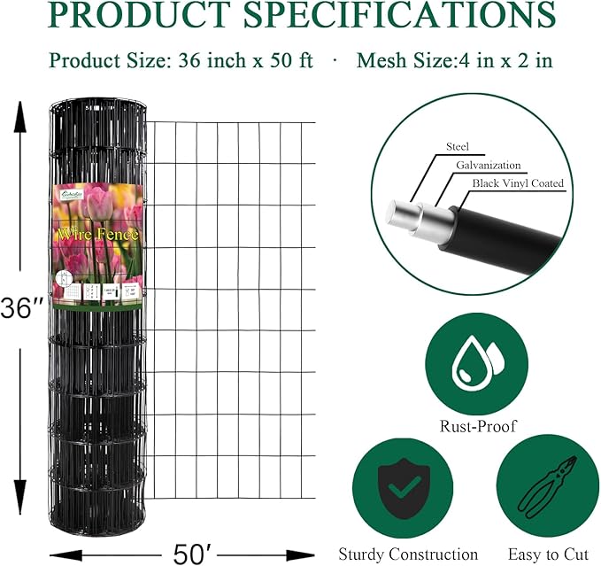 Black PVC Coated Welded Wire Fence 36 Inch x 50 Foot, 2 Inch x 4 Inch 15GA, Garden Border Fencing Roll Vinyl Coating Metal Wire Mesh Hardware Cloth for Yard Vegetable Plant Protection