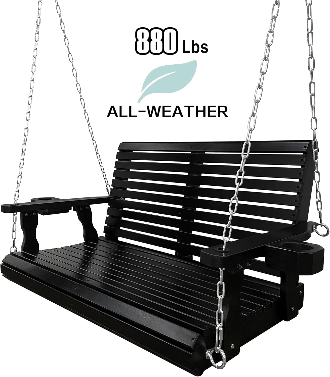 Wooden Porch Swing 2-Seater, High Backrest and Deep Seat, Bench Swing with Cupholders, Hanging Chains and 7mm Springs, Heavy Duty 880 LBS, for Outdoor Patio Garden (Carbon Black - 4 FT Extra Large)