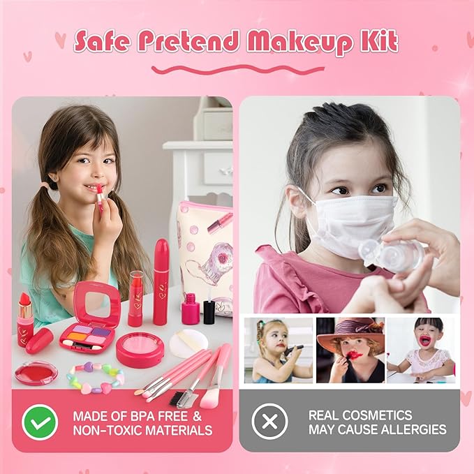 Girl Gifts Basic Pretend Makeup for Little Girls 3-5, Play Makeup for Kids 3-5, Fake Makeup Set Toys for 3 4 5 6 7 Year Old Girls, Toddler Makeup Kit with Fake Make up Toys Gifts