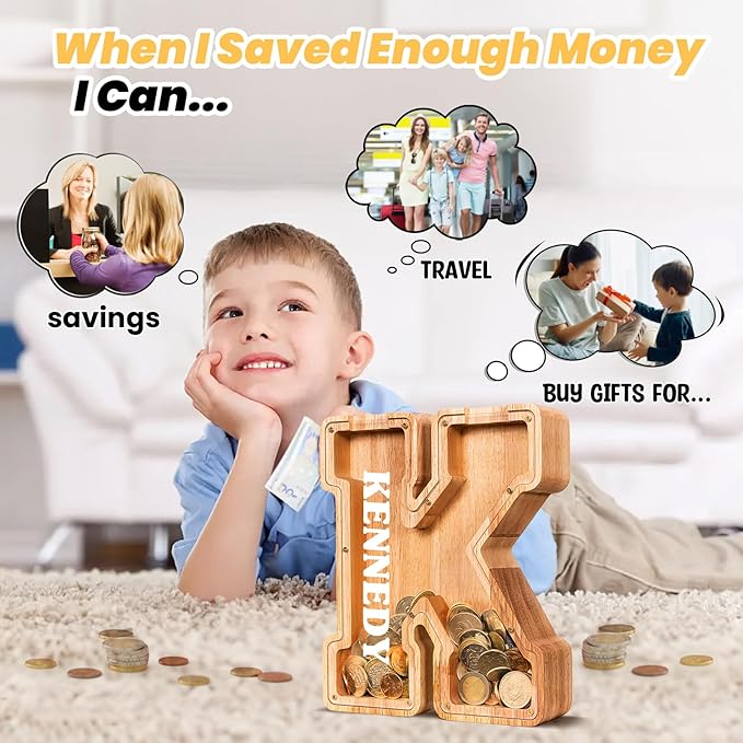 KMC Wooden Letter Piggy Bank, Personalized Initial Piggy Bank for Kids Boys, Clear Alphabet K Wood Money Box, Unbreakable Coin Saving Jar, Birthday, for Children