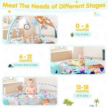 5-in-1 Baby Play Mat - Dinosaur Themed Activity Gym for Babies 0-6 Months with Ball Pit, Detachable Sensory Toys, Pillow, Machine Washable