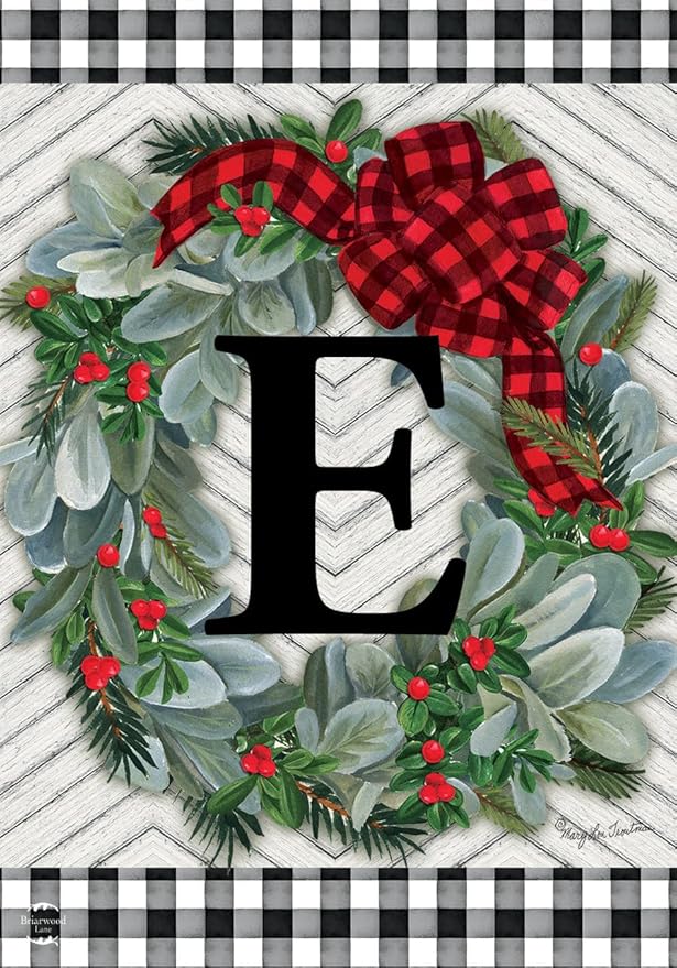 Winter Wreath Monogram Letter E Garden Flag 18" x 12.5" Briarwood Lane