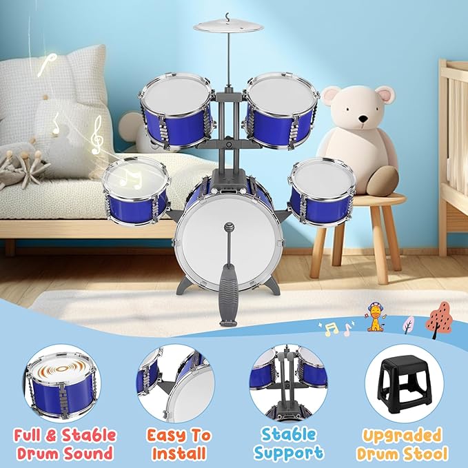 Upgraded Kids Drum Set for Toddlers 1-3 Plastic Musical Jazz Drum Instruments Kit Birthday Musical Learning Toys for 4 5 6 Boys Girls