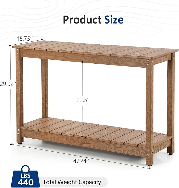 Outdoor Console Table, 48" Weather Resistant HIPS Patio Side Table, 440LBS Weight Capacity, 2-Tier Multifunctional Buffet Bar Storage Organizer for Garden Deck, Teak