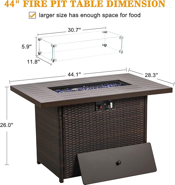 LayinSun 44" Propane Gas Fire Pit Table, 55000 BTU Rectangular Fire Pit with Glass Wind Guard for Outside Patio Deck Garden Backyard Brown-Aluminum Top