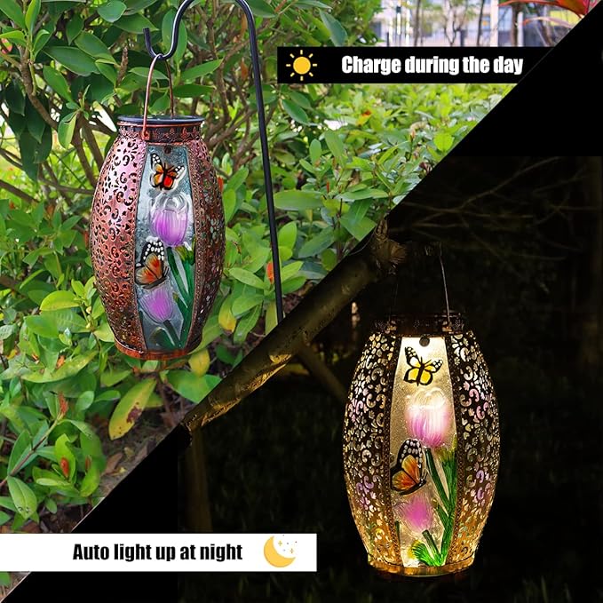 Solar Lanterns Outdoor Hanging Light - Solar Powered LED Butterfly Glass Lights Decorative Waterproof Tabletop Lampwith Hollowed-Out Design for Indoor Yard Table Patio Garden Pathway Holiday