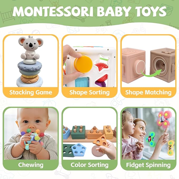 6-in-1 Montessori Baby Toys 0-6 6-12 Months, Infant Teething Toys Soft Stacking Blocks Rings Shape Sorter Sensory Fidget Spinners for Toddler 1-3, First Baby Gift Set for 6 Month Old Girl Boy