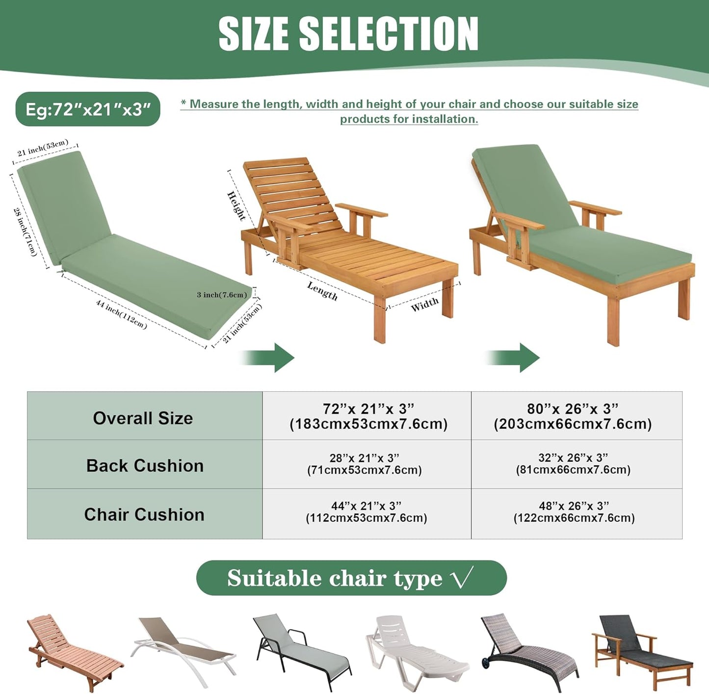 Chaise Lounge Cushions Outdoor Set of 2 - Waterproof and Fade Resistant Sun Lounger Replacement Cushions - Patio Lounger Pads with Removable Cover for Pool, Deck, 80 x 26 x 3 Inch, Sage Green