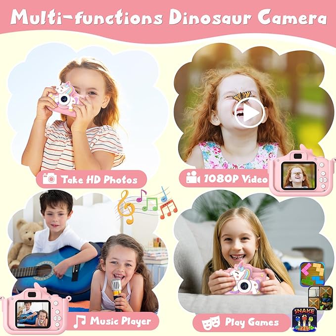 Kids Camera for Girls, HD Selfie Toddler Camera, Christmas Birthday Toys for Girls Age 3-12 Years, Kid Digital Camera with 32GB Card, Cute Princess Toys Gifts for Kids 3 4 5 6 7 8 Years Old(Pink)