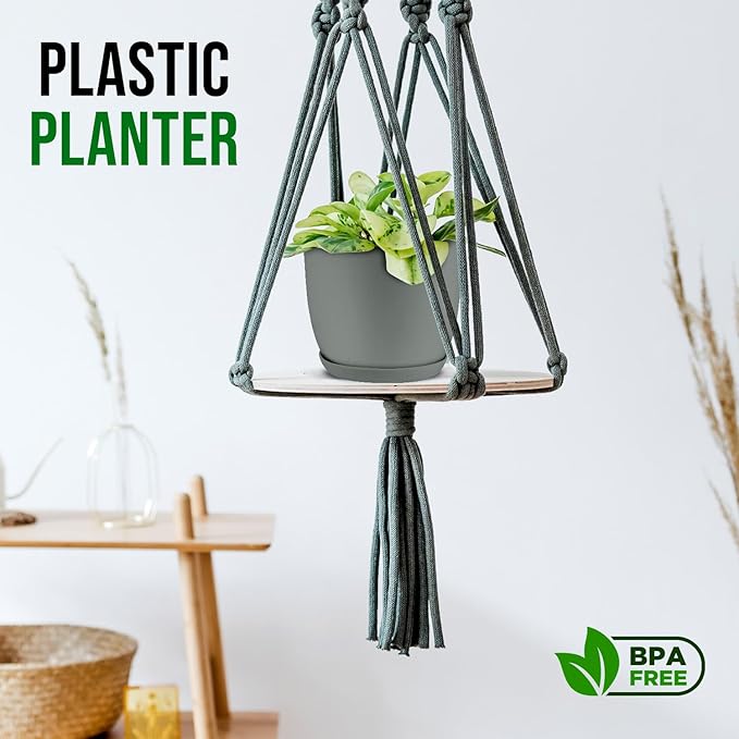 Planter Pots with Drainage Holes - Lightweight, Durable & Space-Saving Pots for Indoor and Outdoor - Versatile Functionality, Simple Modern Design, Set of 5 Plastic Planter Pots - Gray