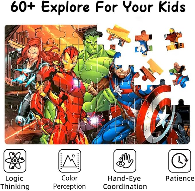 60 Piece Educational Puzzles for Kids Ages 4-8 Jigsaw Puzzle Games in Reusable Metal Box, Learning Toys with Extra Thick Safe Pieces for Boys & Girls