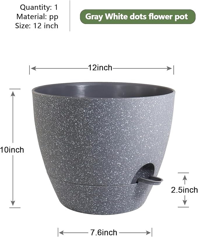 12 inch Large Self Watering Pots, Planter, Plant Pots with Mesh Drainage Holes for Indoor Outdoor House Plants and Garden, Plastic Flower Pots with Deep Reservoir, Speckled Grey