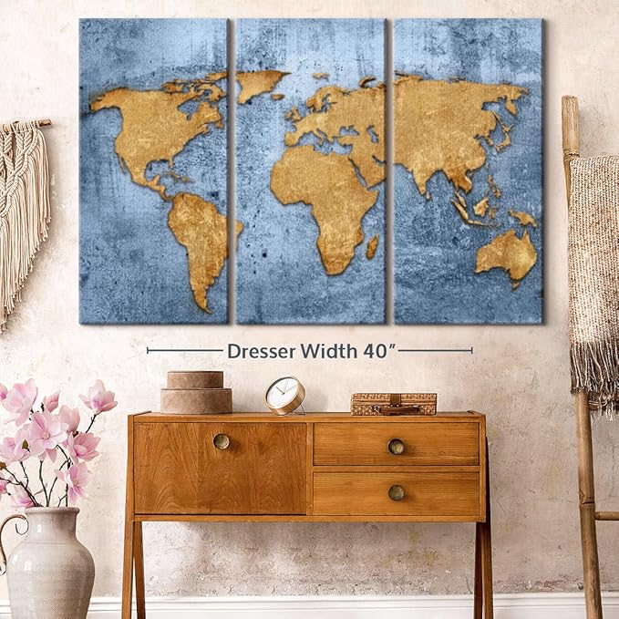 ElephantStock Azure World Map Wall Art Multi Piece Canvas - 3 Panel Wall Decor - Map of the World Art - Canvas for the Office and Home - 57" X 36"