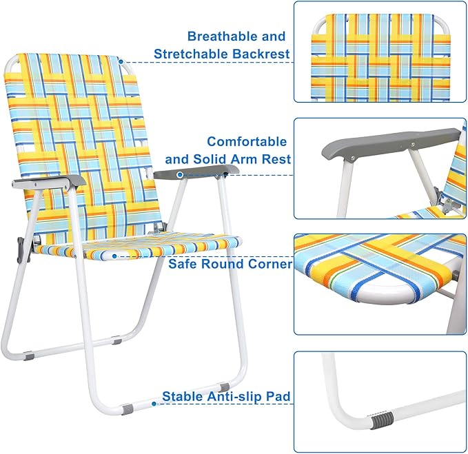 VINGLI Patio Lawn Webbed Folding Chairs Set of 4, Outdoor Beach Chair Portable Dining Chair for Outdoor Yard, Garden (Yellow, Classic)