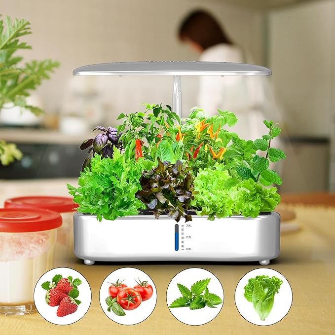 Hydroponics Growing System Kit 12Pods, Birthday Gifts for Mom Women, Herb Garden Indoor with LED Grow Light for Home, Adjustable Height Up to 17", 12Pods,Auto-Timer (White)