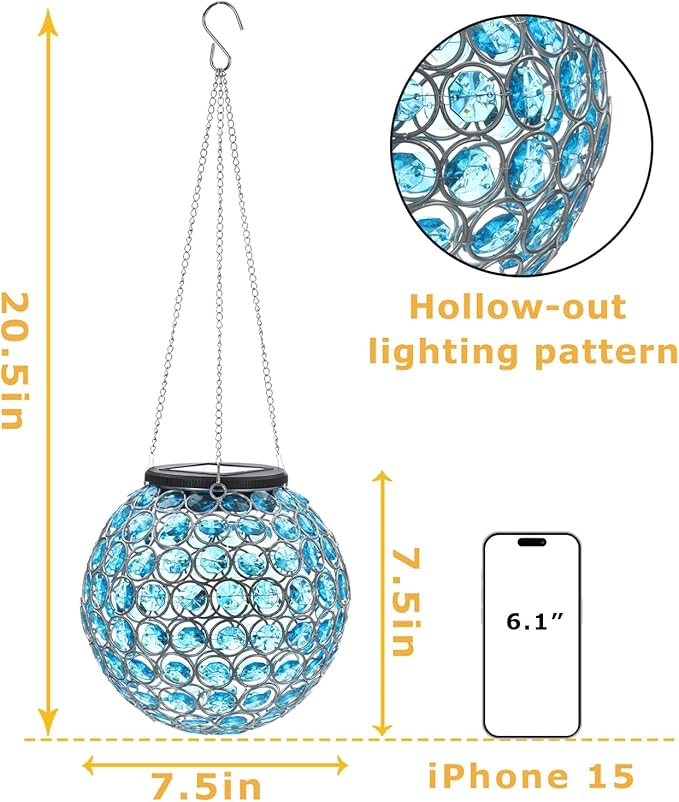 Solar Hanging Lantern Outdoor Lights, Dual LEDs Color Changing and Blue Hanging Light Waterproof Crystal Globe Lamp Decoration in Garden, Pathway, Front Door - Blue