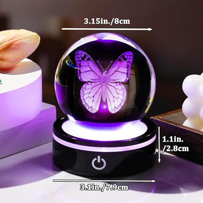 YWHL 3D Crystal Ball Butterfly Figurine with Colorful LED Base, Laser Butterfly Gifts for Women Men on Christmas Birthday, Ornament Glass Sphere Decorative Ball for Home Decor (80mm)