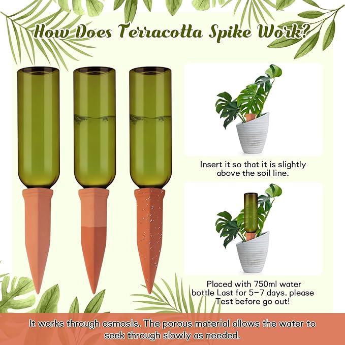 12 Sets Plant Watering Devices Include Terracotta Self Watering Spikes and 26 oz Plastic Bottles, Slow Release Vacation Insert Automatic Plant Waterer Device (Green and Terracotta)