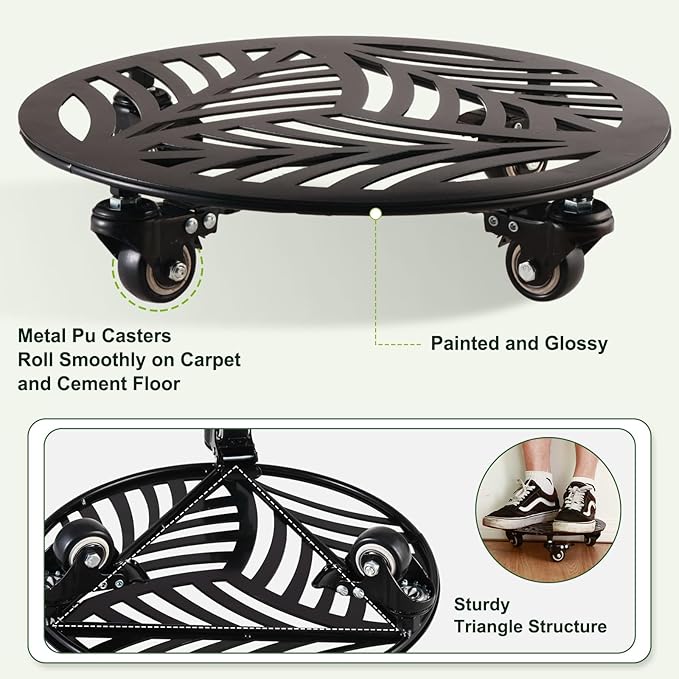 3 Packs Large Metal Plant Caddy with Wheels 13” Heavy-duty Wrought Iron Rolling Plant Stands with Casters Indoor Outdoor Planter Roller Base Plant Movers Black, Strong Load Capacity