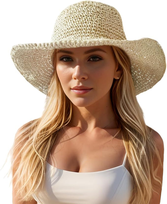 Floppy Big Beach Straw Hats for Women Foldable Summer Wide Brim Packable Sun Hat Womens Travel Straw Fedora Hat