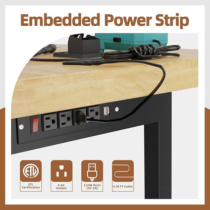 60'' Adjustable Workbench, Solid Wood Work Bench Table with Wheels and Power Outlet, Rolling Workbench Large Load Capacity Garage Workbench for Workshop,Office,Home