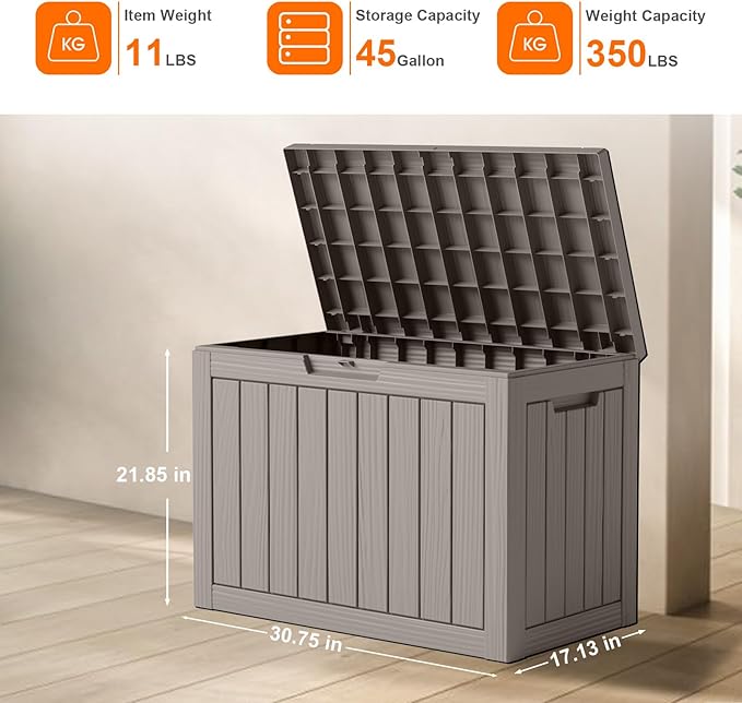 DRATO 45 Gallon Deck Box, Outdoor Storage Box for Patio Furniture, Patio Cushions, Gardening Tools, Pool Supplies 480lbs Weight Capacity,Waterproof Resin Storage Boxes (Light Brown, 45Gal)