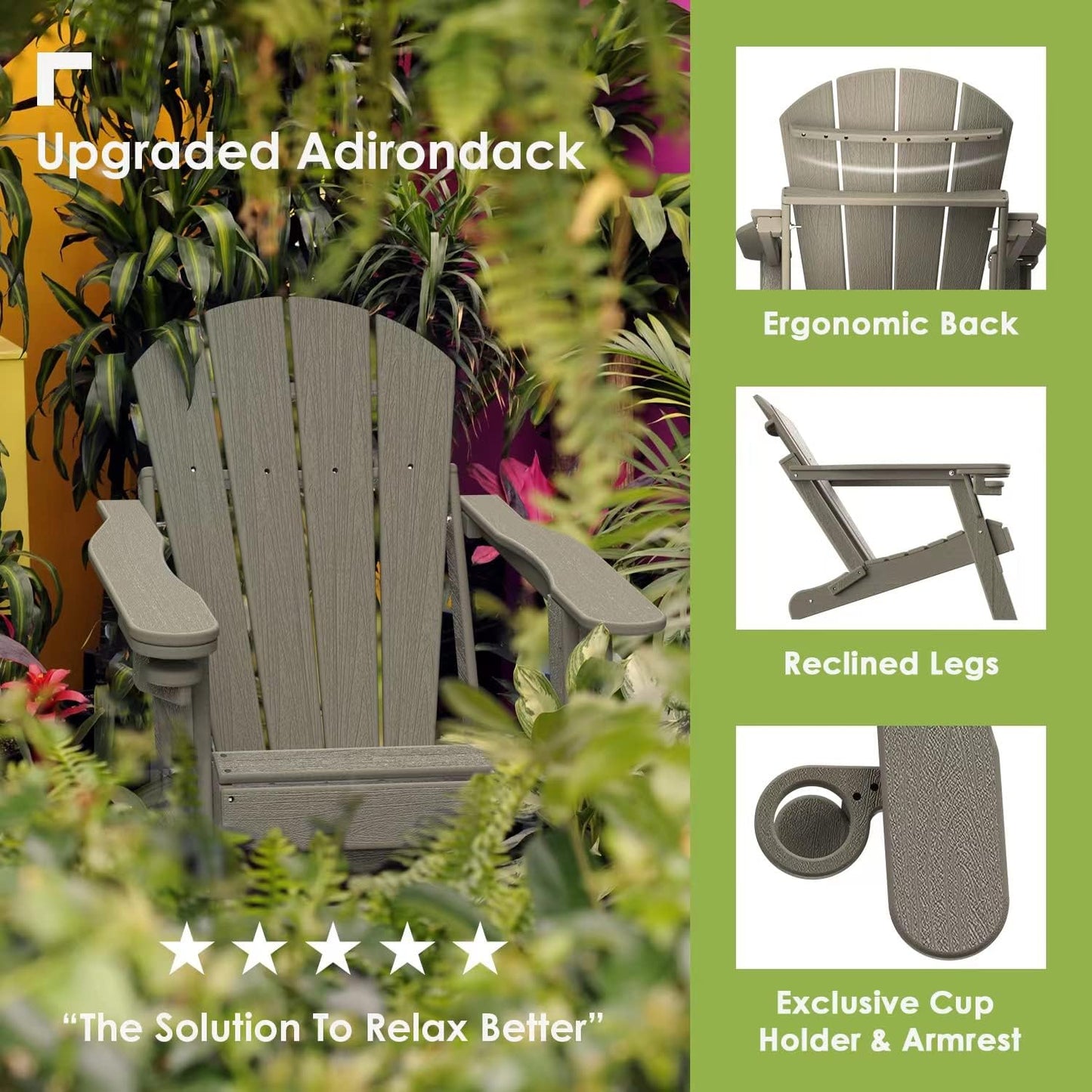 GREENVINES Folding-Adirondack-Chair | Wood Grain | HDPE Plastic | Fire Pit Chairs | All Weather | Cup Holder | Desert Brown | for Deck Backyard Patio Outdoor
