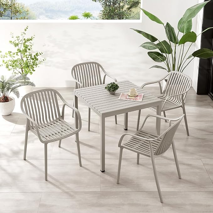 Plastic Outdoor Dining Table with Metal Legs, Weather Resistance, Home Patio Table, Restaraunt Outdoor Table, Quick Assembly (Grey)