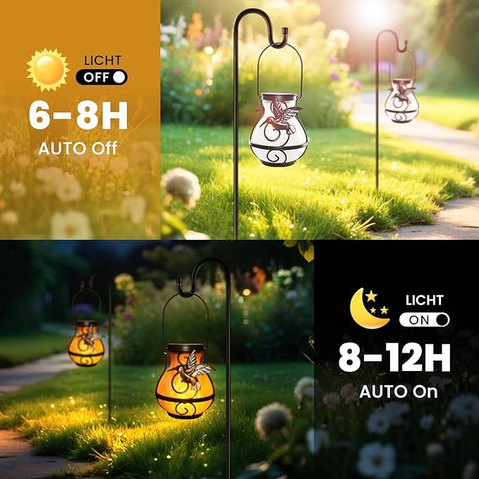 Solar Lights Outdoor Decorative, Hummingbird Flickering Flame Lantern Waterproof, Garden Decor Hanging Lights for Outside Patio Pathway Yard, Christmas Birthday Gifts, 2 Pack