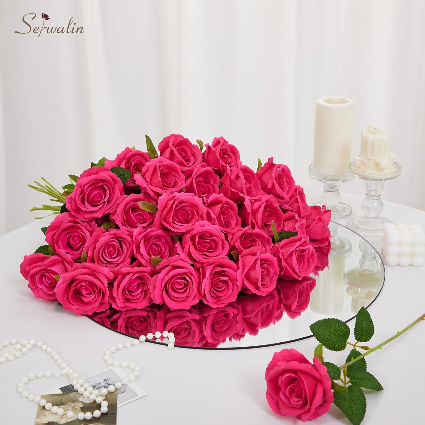 Serwalin 30pcs Artificial Silk Roses Flowers, Hot Pink Artificial Roses with Long Stems Bulk Realistic Fake Roses Flowers for DIY Wedding Bouquet Centerpieces Party Home Table Decor